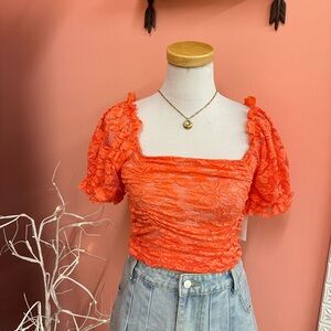 NEW! Timing Orange Puff Sleeve Lace Blouse